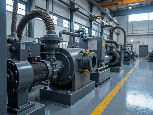 螺杆式空气压缩机，大型工业设备，银色外壳，配套管路系统，工厂车间环境