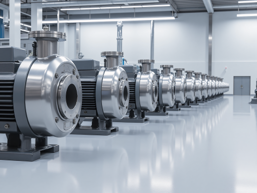 工业水泵设备，不锈钢材质，管道连接完整，金属质感强烈，工业现场环境